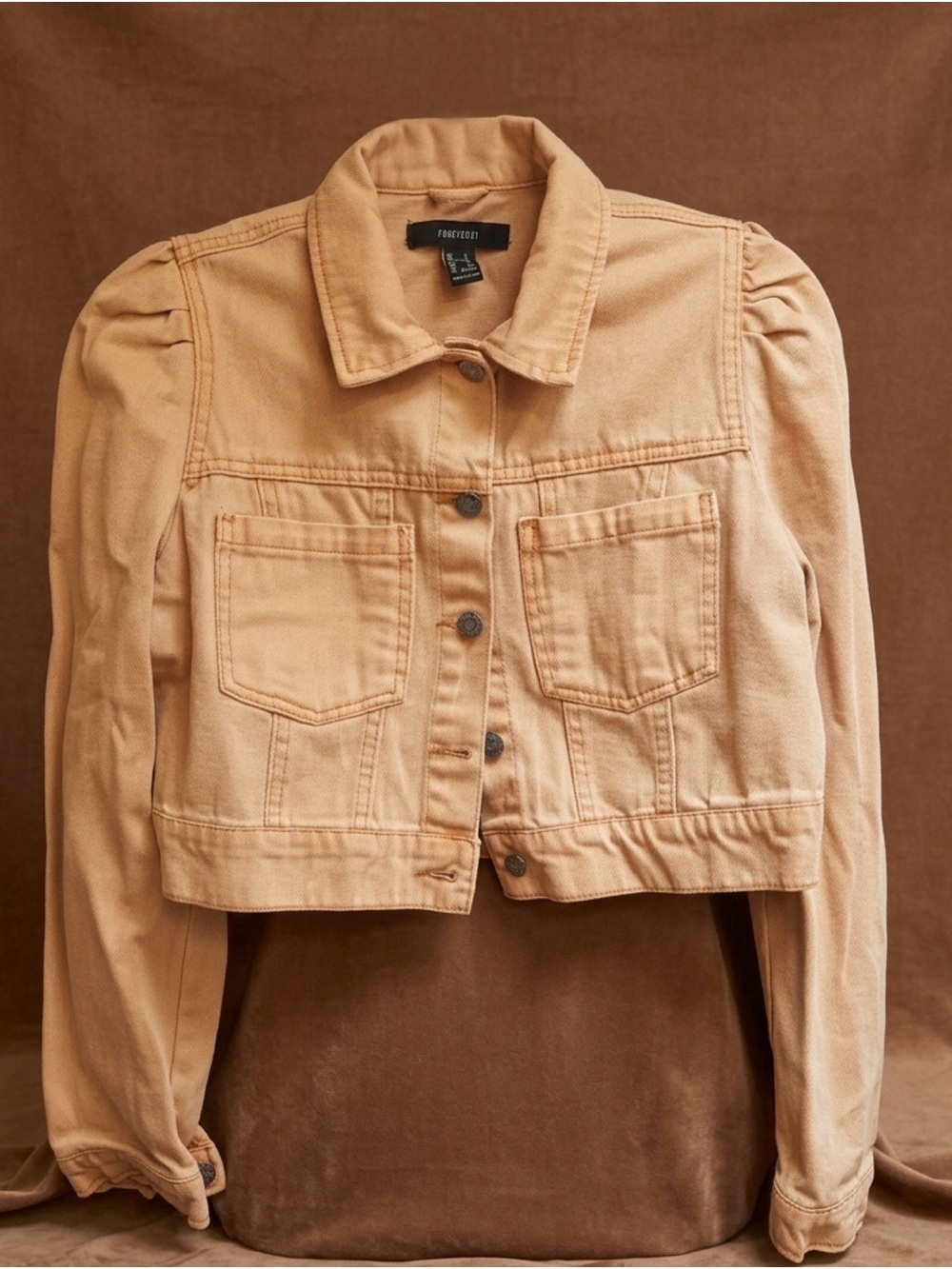 Forever 21 Cropped Peach/Tan Denim Jacket